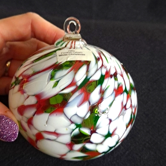 Hand Blown Red, White, & Green Glass Friendship Ball Ornament - Picture 2 of 4
